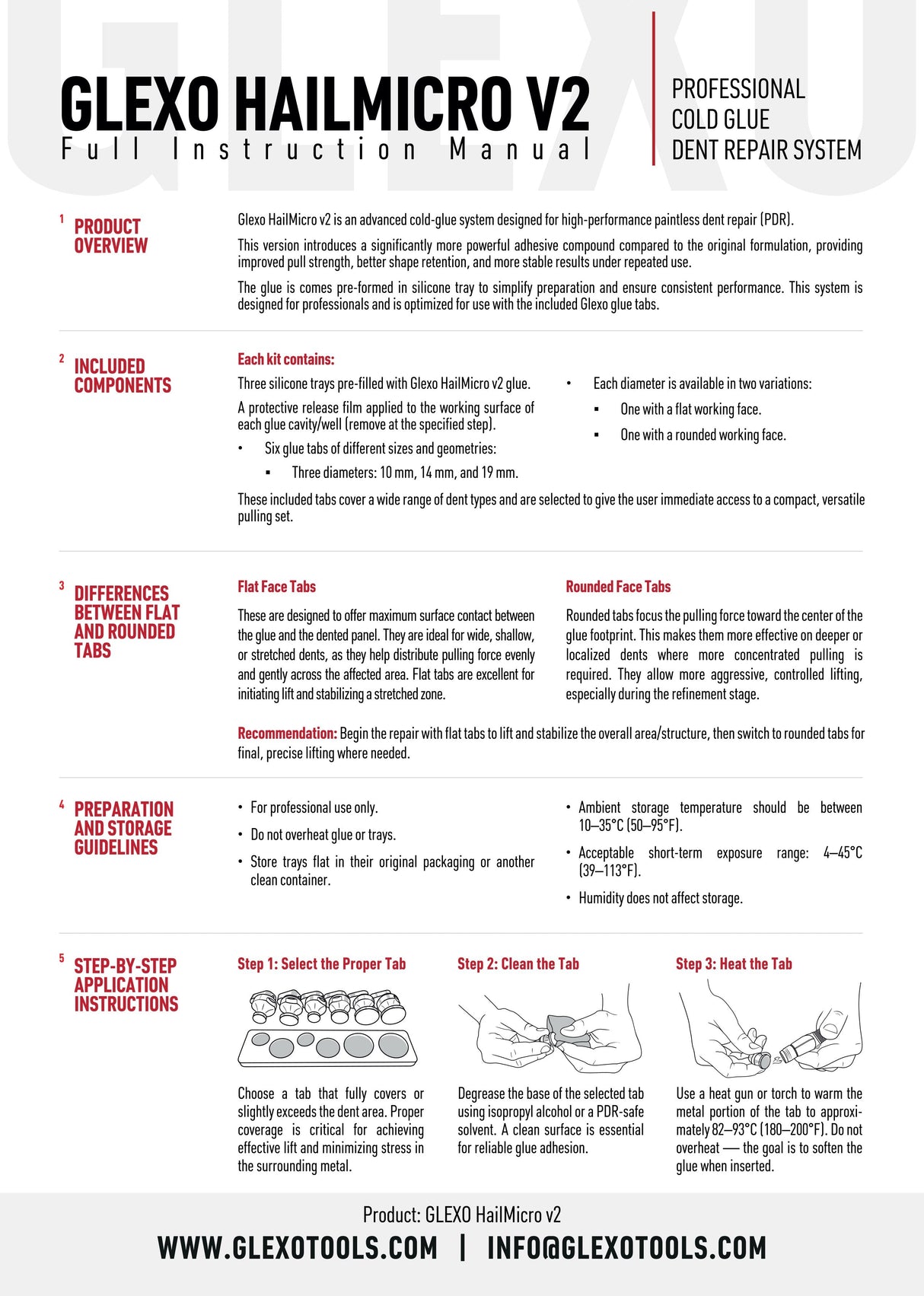 Anson PDR Glexo Hail Micro Kit v2 instruction manual detailing cold glue PDR tab usage and application guidelines.