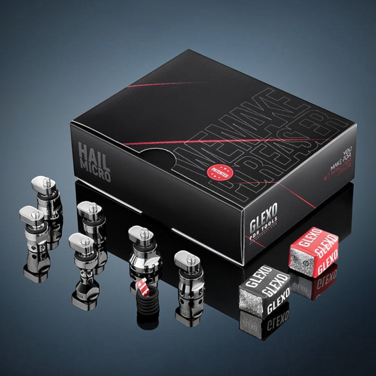 Anson PDR Glexo Hail Micro Kit with 6 metal PDR tabs, 2 cold glue blocks, and a premium black storage box.