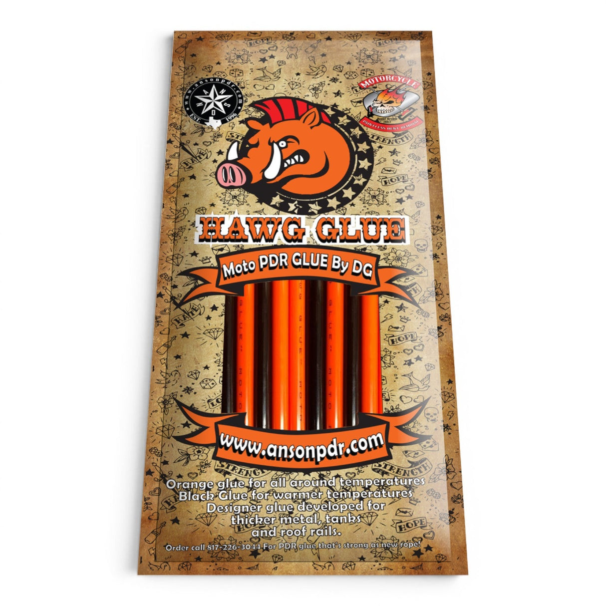 Anson PDR Hawg Hot PDR Glue, orange and black hot melt glue sticks for auto body repair, designed by Daniel Gromm.