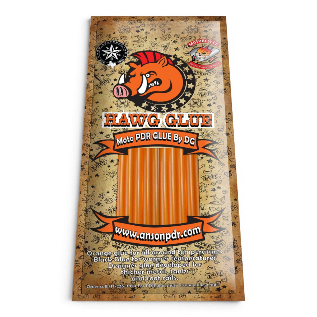 Anson PDR Hawg Hot PDR Glue sticks in orange, designed by Daniel Gromm for all-around temperatures.