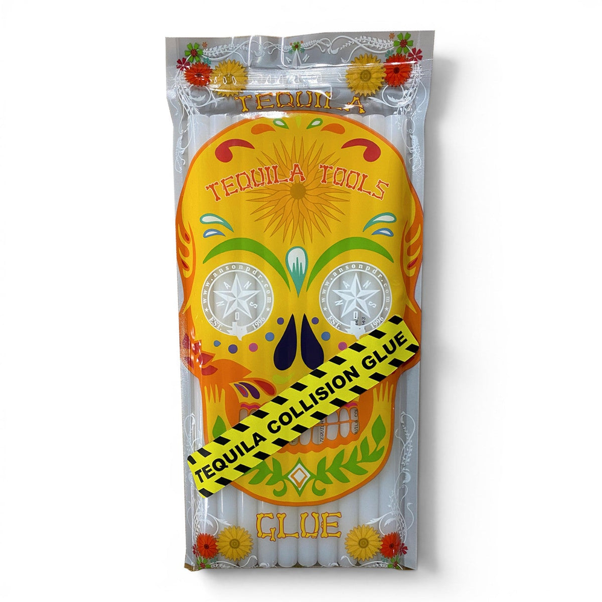 Anson PDR Tequila Collision Glue sticks with a sugar skull design on the packaging. Ideal for smash repair.
