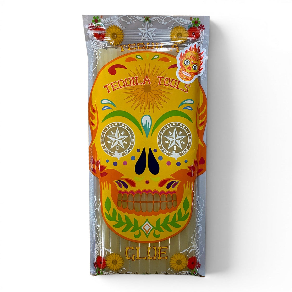 Anson PDR Tequila Fire Glue sticks for hot weather, featuring a vibrant sugar skull design.