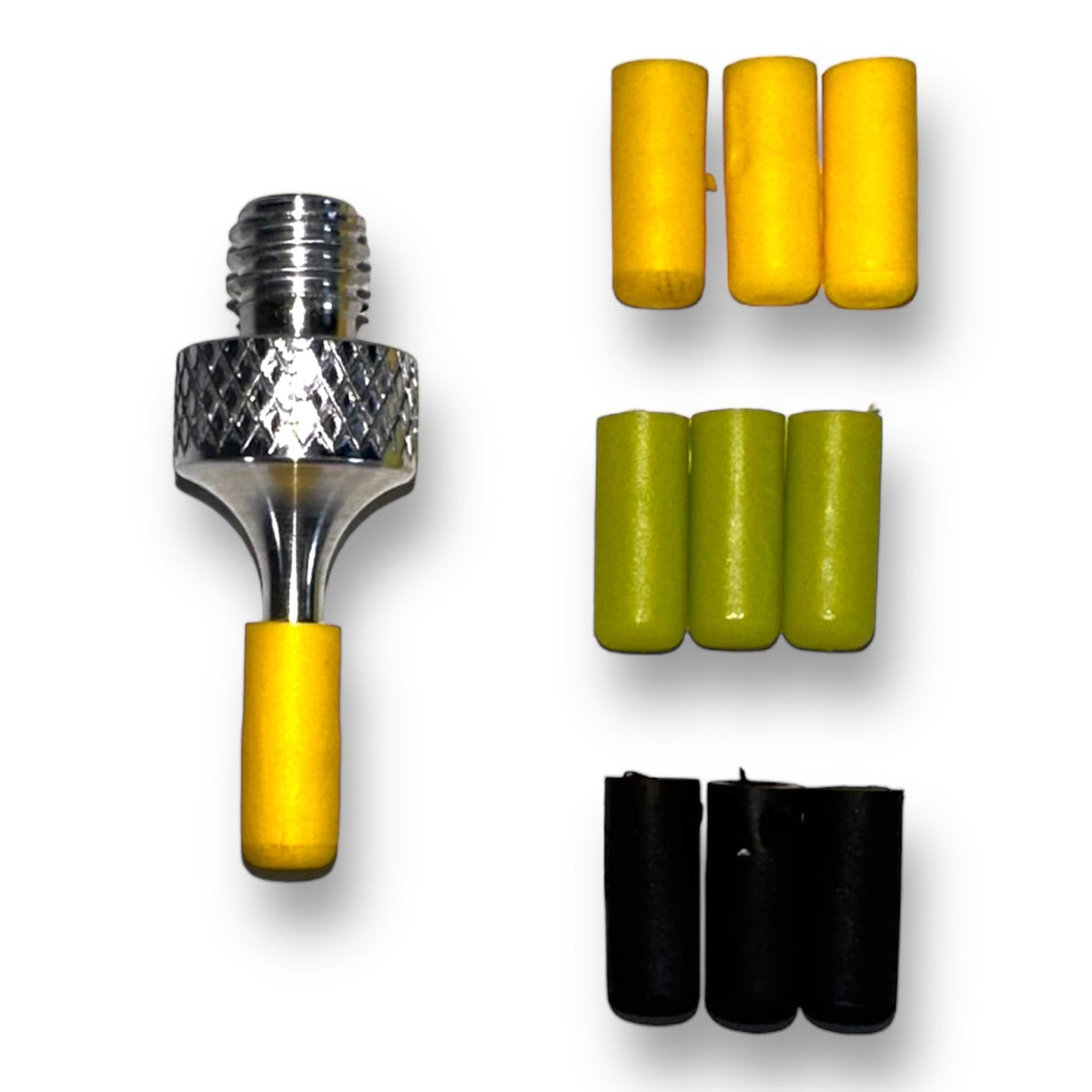 Anson PDR Tequila Galaxy aluminum tip with yellow, green, and black soft tip covers for PDR.