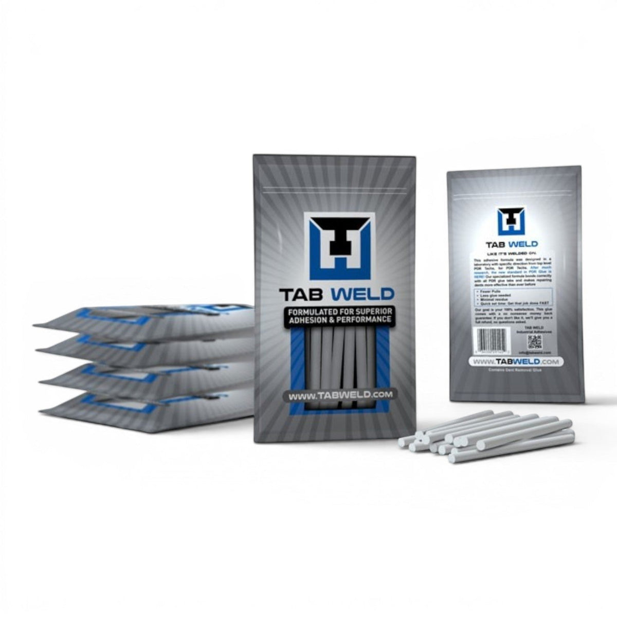 Anson PDR Tab Weld hot melt glue sticks for paintless dent repair, formulated for superior adhesion and performance. Grey sticks in packaging and loose.