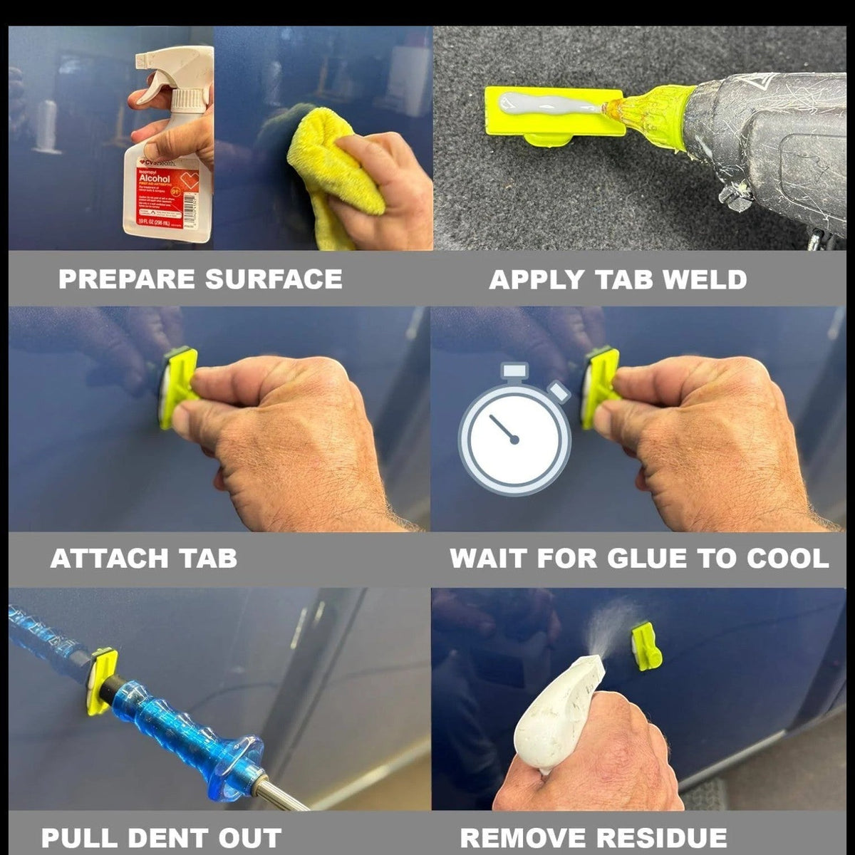 Anson PDR Tab Weld hot melt glue sticks for paintless dent repair, showing steps: cleaning surface, applying glue, attaching tab, waiting, pulling dent, removing residue.