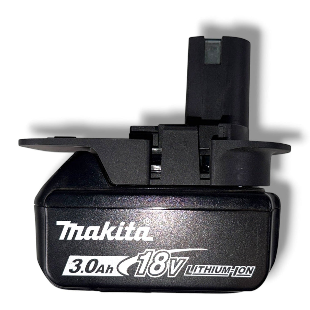 Anson PDR Trifecta adapter for Ryobi batteries to Makita, DeWalt, or Milwaukee tools. Black plastic construction.