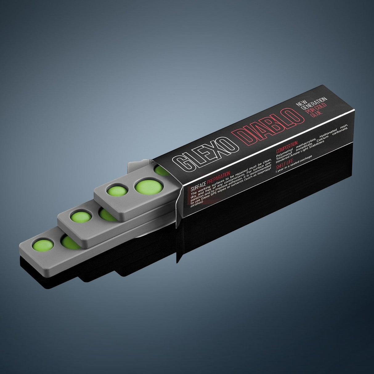 Anson PDR Glexo Diablo cold glue strips in grey silicone molds for hail repair, featuring green adhesive pads.
