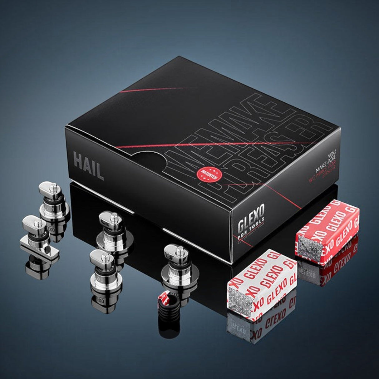 Anson PDR Glexo Hail Set with five metal PDR tabs, two cold glue blocks, and branded storage box for dent repair.