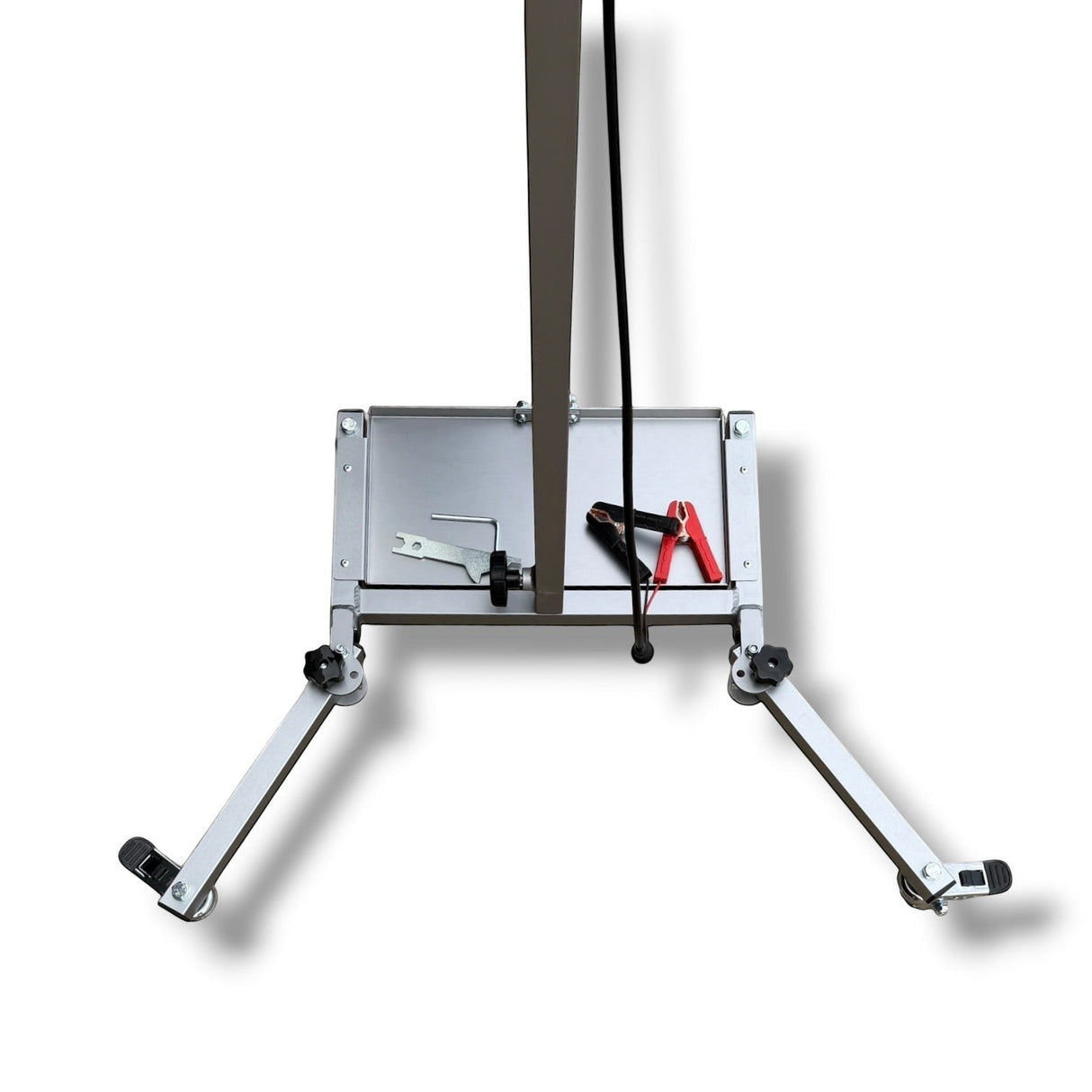 Anson PDR Econo PDR Light Stand with adjustable aluminum legs and battery tray, featuring a black cable and red clamps.