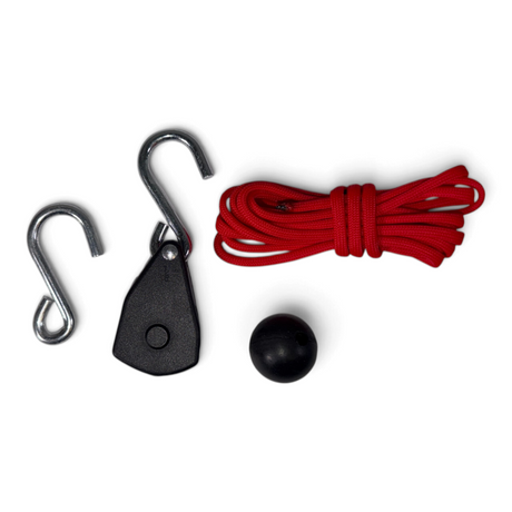 Anson PDR 1/8 inch rope ratchet kit with red paracord, black housing, and two metal S-hooks on a white background