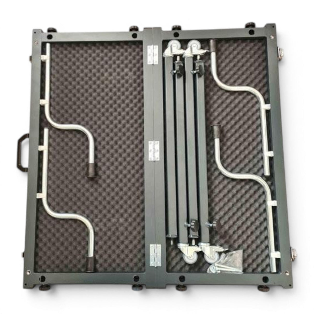 Anson PDR TK Tools hood stand folded in its protective case with internal foam padding and metal components.