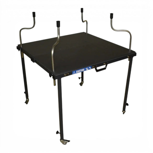 Anson PDR TK Tools hood stand with an anthracite work surface, four adjustable clamping fixtures, and locking casters.