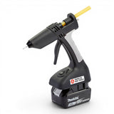Anson PDR Trifecta cordless glue gun with dual temperature settings and Makita battery. Black and grey plastic construction with yellow glue stick.