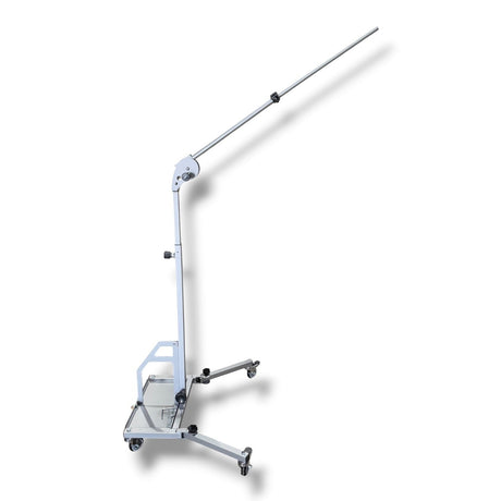 Anson PDR Econo Light Stand with adjustable boom arm and wheels, made of silver aluminum.