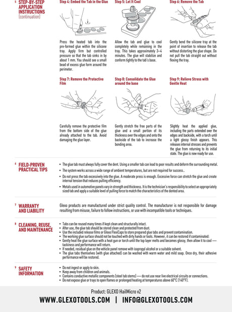 Anson PDR Glexo Diablo Cold Glue set of 3 for paintless dent repair, showing application steps.