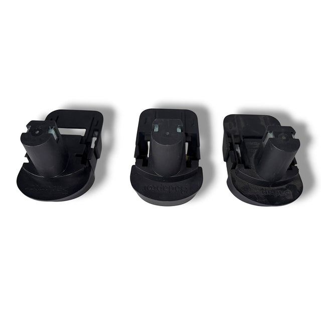 Anson PDR Trifecta adapters convert Ryobi batteries for Makita, DeWalt, and Milwaukee tools. Black plastic battery adapters.
